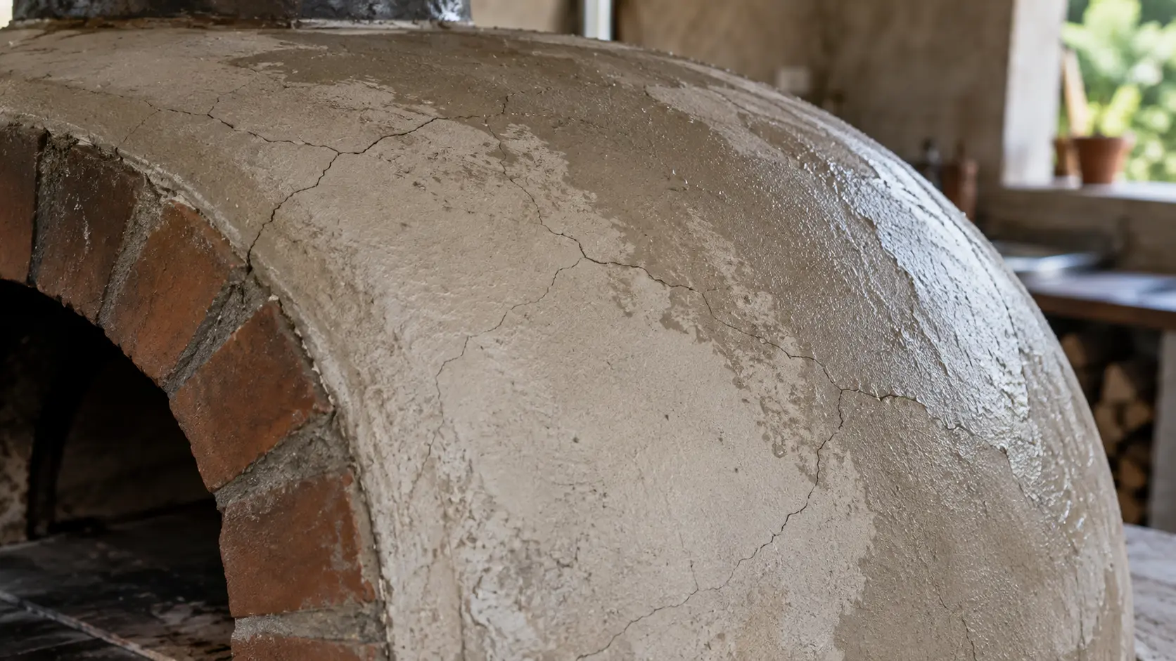Close on fine cracks in the plaster skin of a wood-fired pizza oven dome after rain.