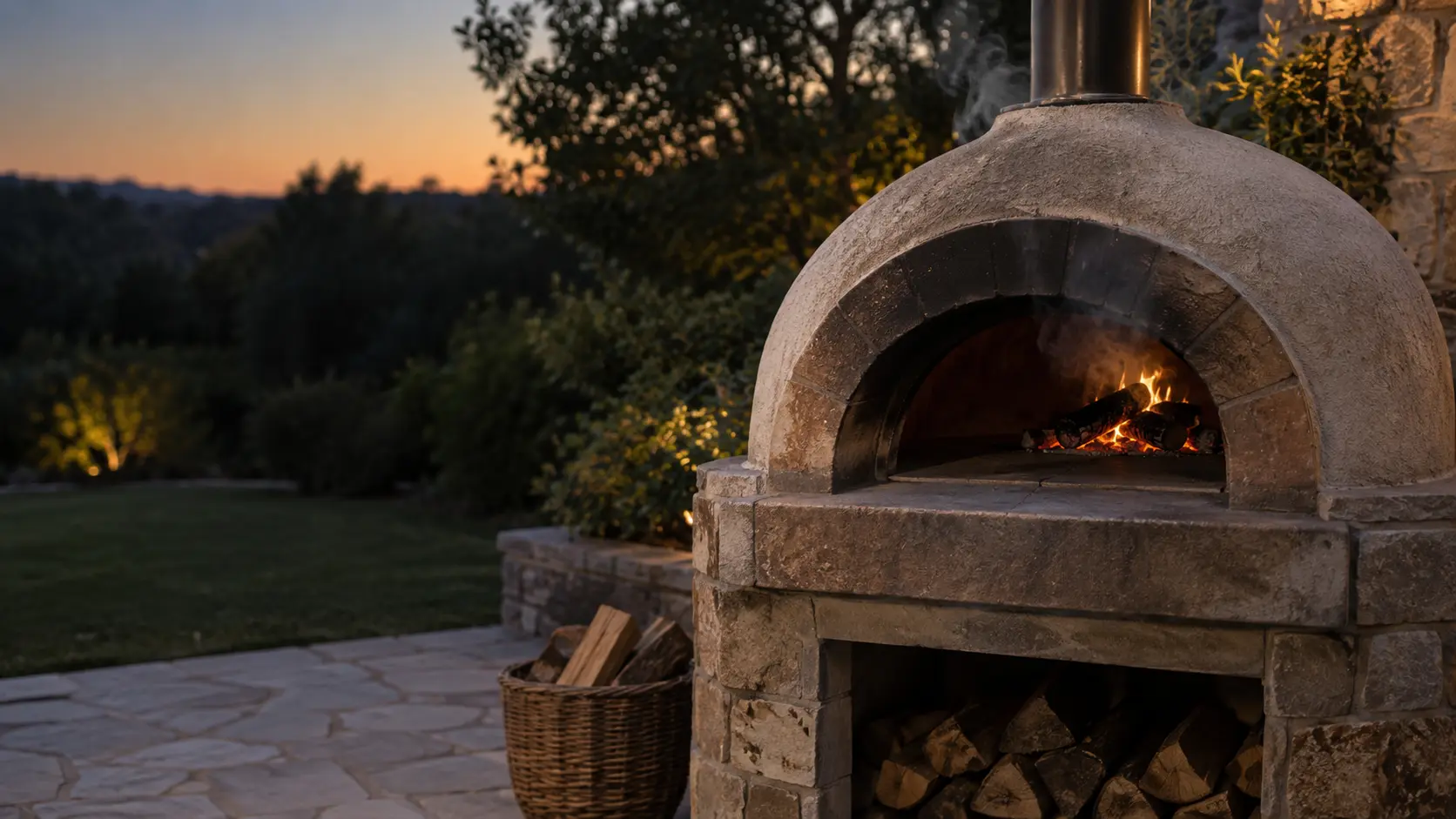 A domed wood-fired pizza oven on a stone patio at early evening, a small smoky fire of split logs at the back of the pizza oven's floor giving off pale gray smoke, the empty stone floor in front of it in shadow, a basket of firewood beside the stand.