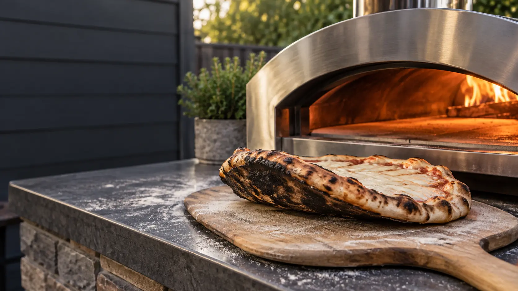A pizza just pulled from a stainless outdoor gas pizza oven, lying on a wooden peel on a patio counter with its charred black underside tipped up toward the camera and its pale, barely melted top visible, the open mouth of the pizza oven behind it showing a glowing stone floor.