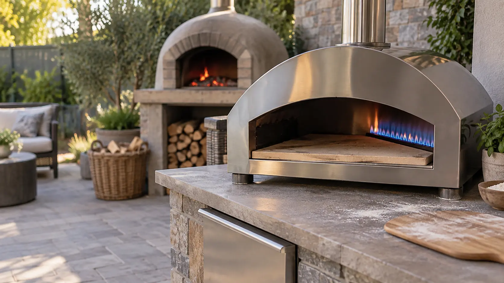 A stainless outdoor gas pizza oven on a patio counter with a low blue burner flame along one side of its stone floor, and behind it, softly out of focus, a domed wood-fired pizza oven with embers glowing at the back, a wicker basket of split hardwood on the pavers.