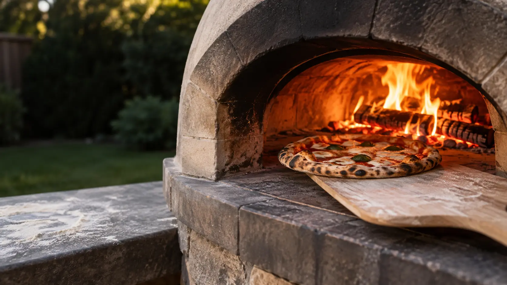 A pizza sliding off a wooden peel onto the stone floor of a pizza oven, seen close.
