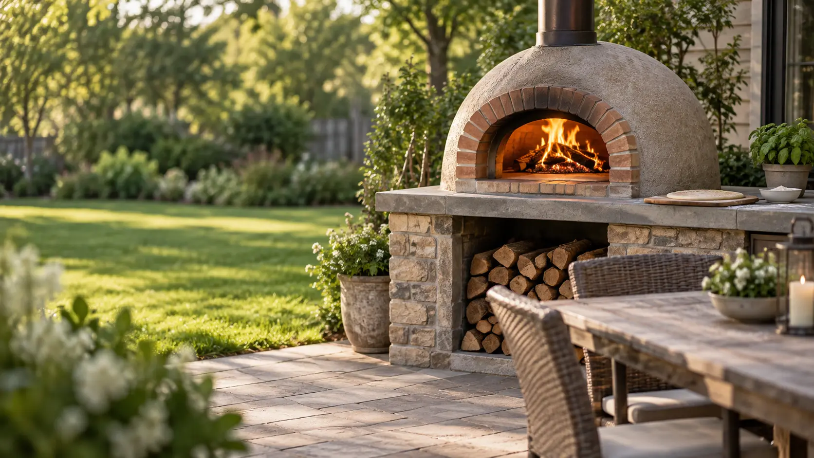 A family backyard with a domed pizza oven by the patio table, seen from across the yard.