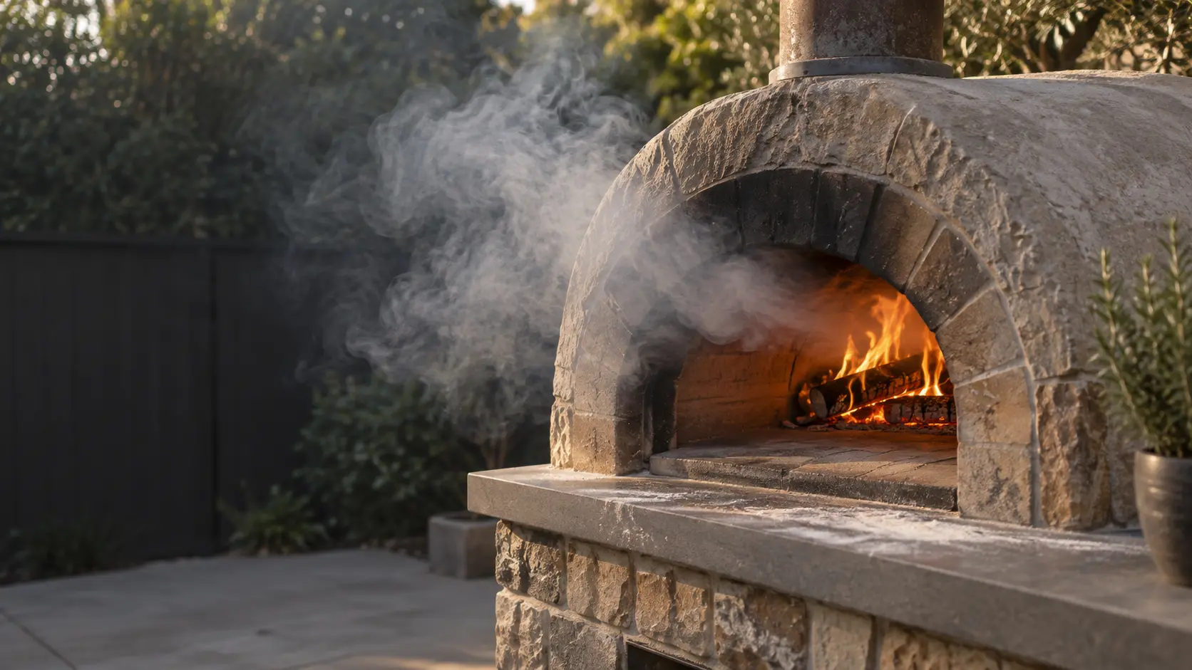 Smoke rolling out of the mouth of a wood-fired pizza oven.