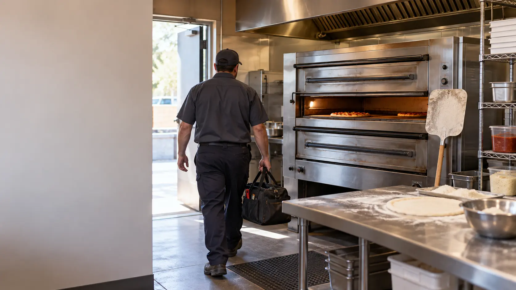 A technician arriving at a pizzeria back door with a tool bag, a deck oven inside, seen from behind.