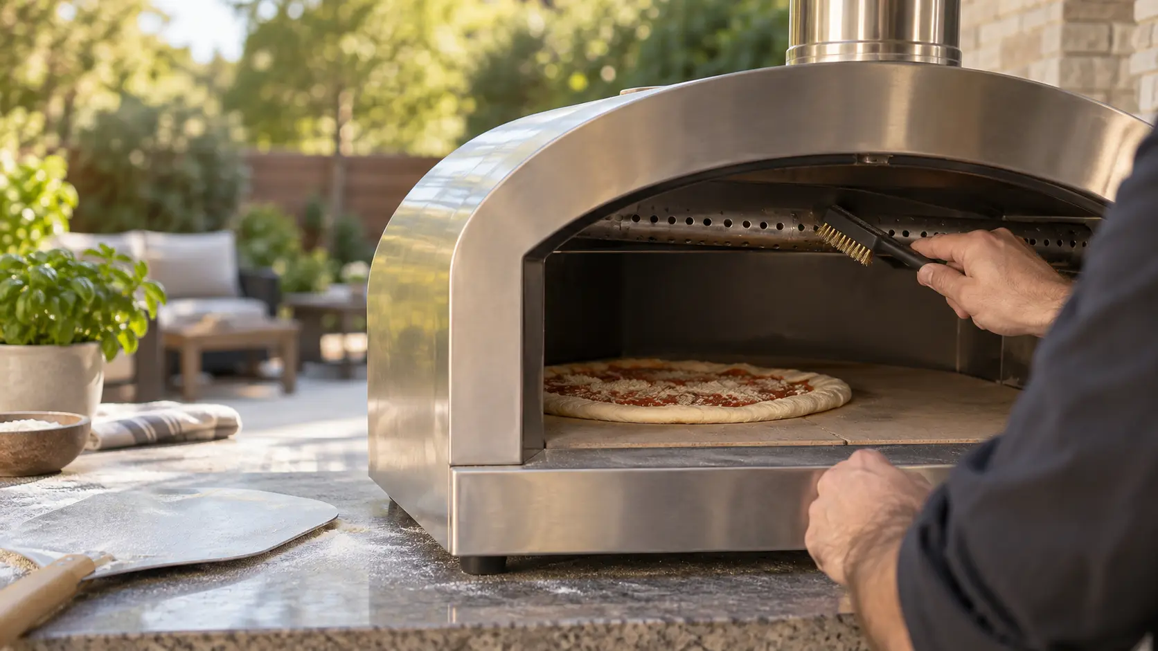A technician's hands brushing the ports of a pizza oven burner, the gas off and the oven cold.