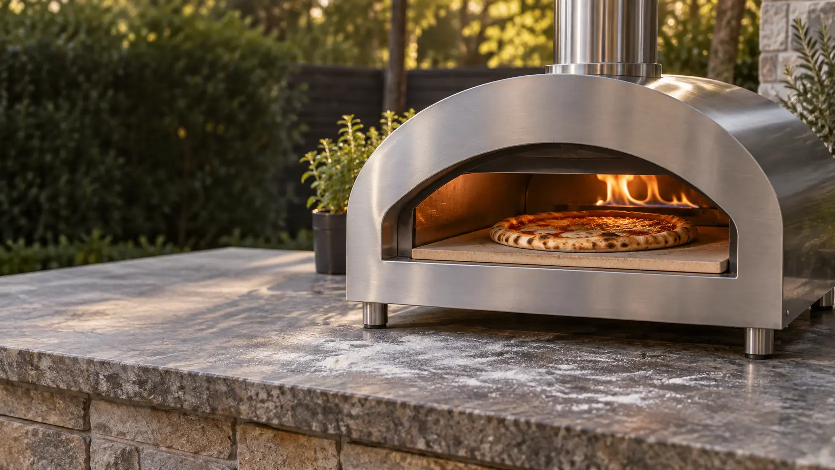 A stainless outdoor gas pizza oven on a stone counter.