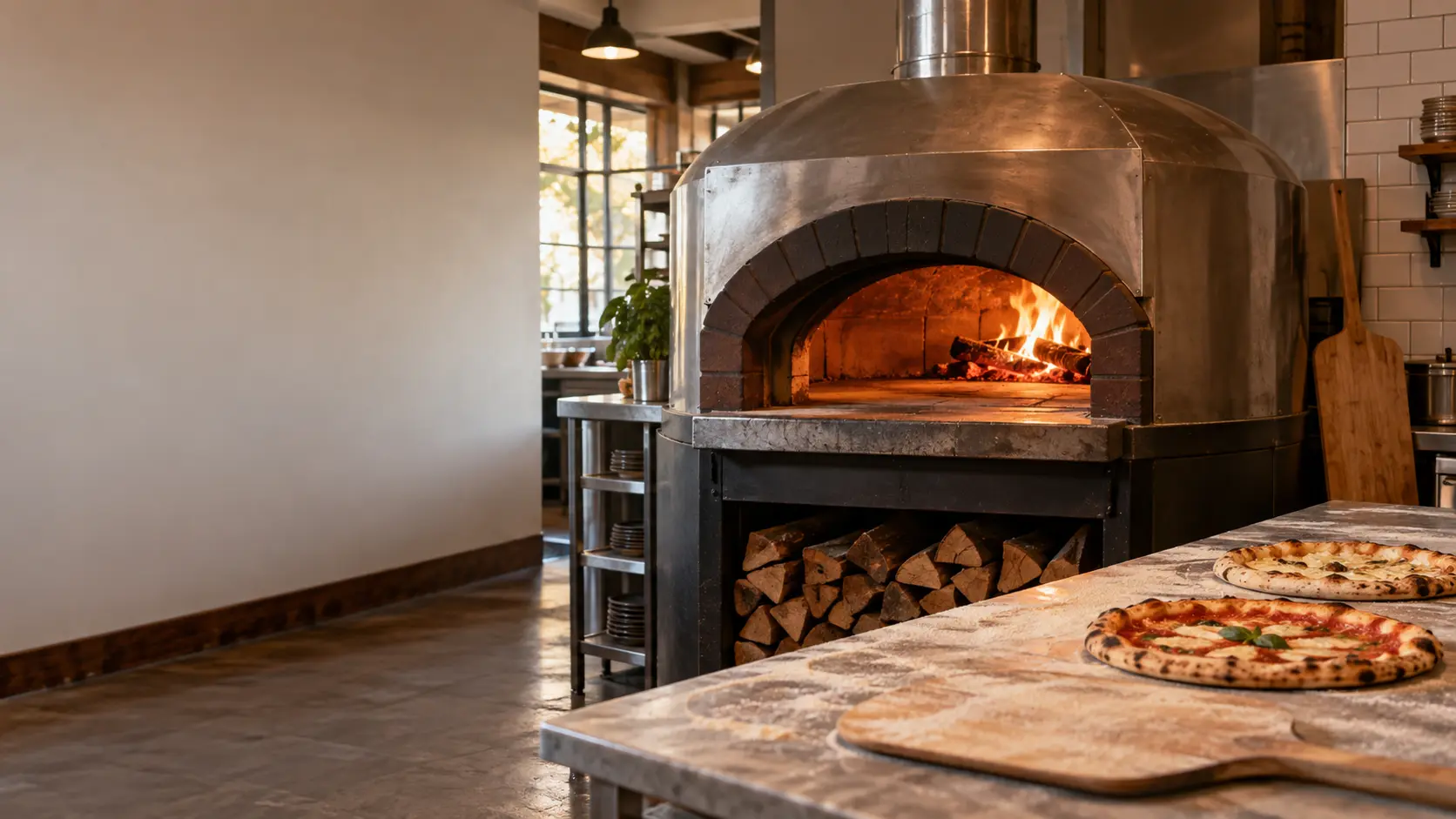 A Bay Area neighborhood pizzeria with a wood-fired oven by the back wall, seen from across the room.
