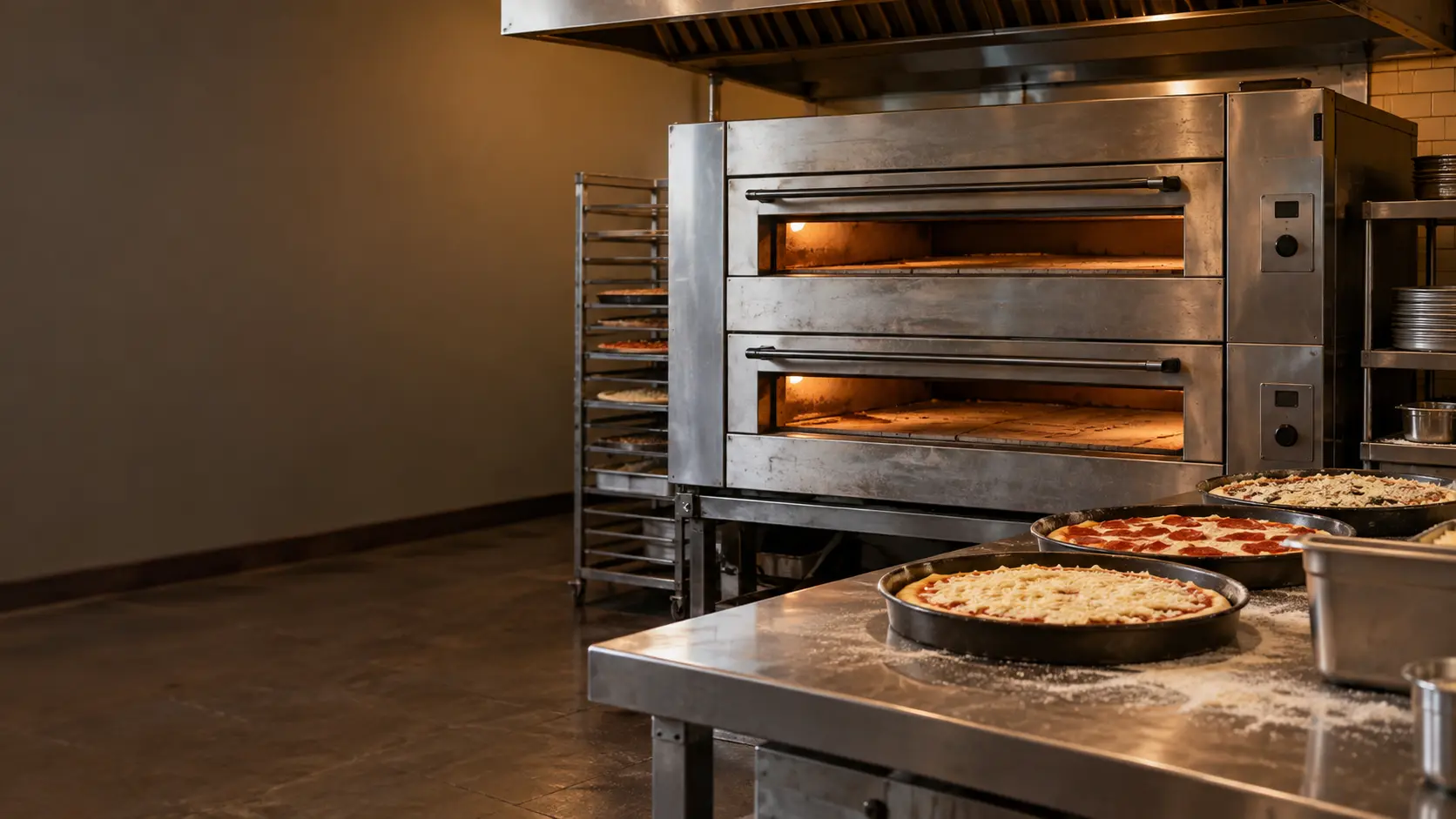 A Chicago pizzeria with a stacked deck oven and deep pans on the counter, seen from across the room.