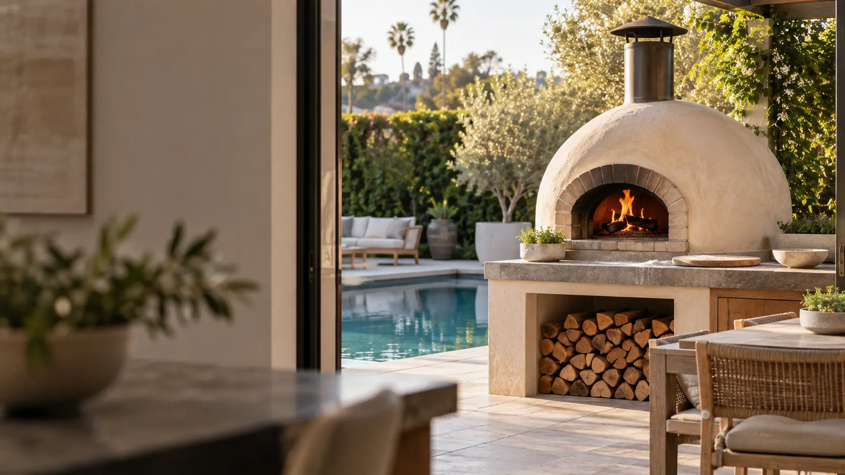 A Los Angeles backyard with a plastered wood-fired pizza oven by the pool, seen from across the room.
