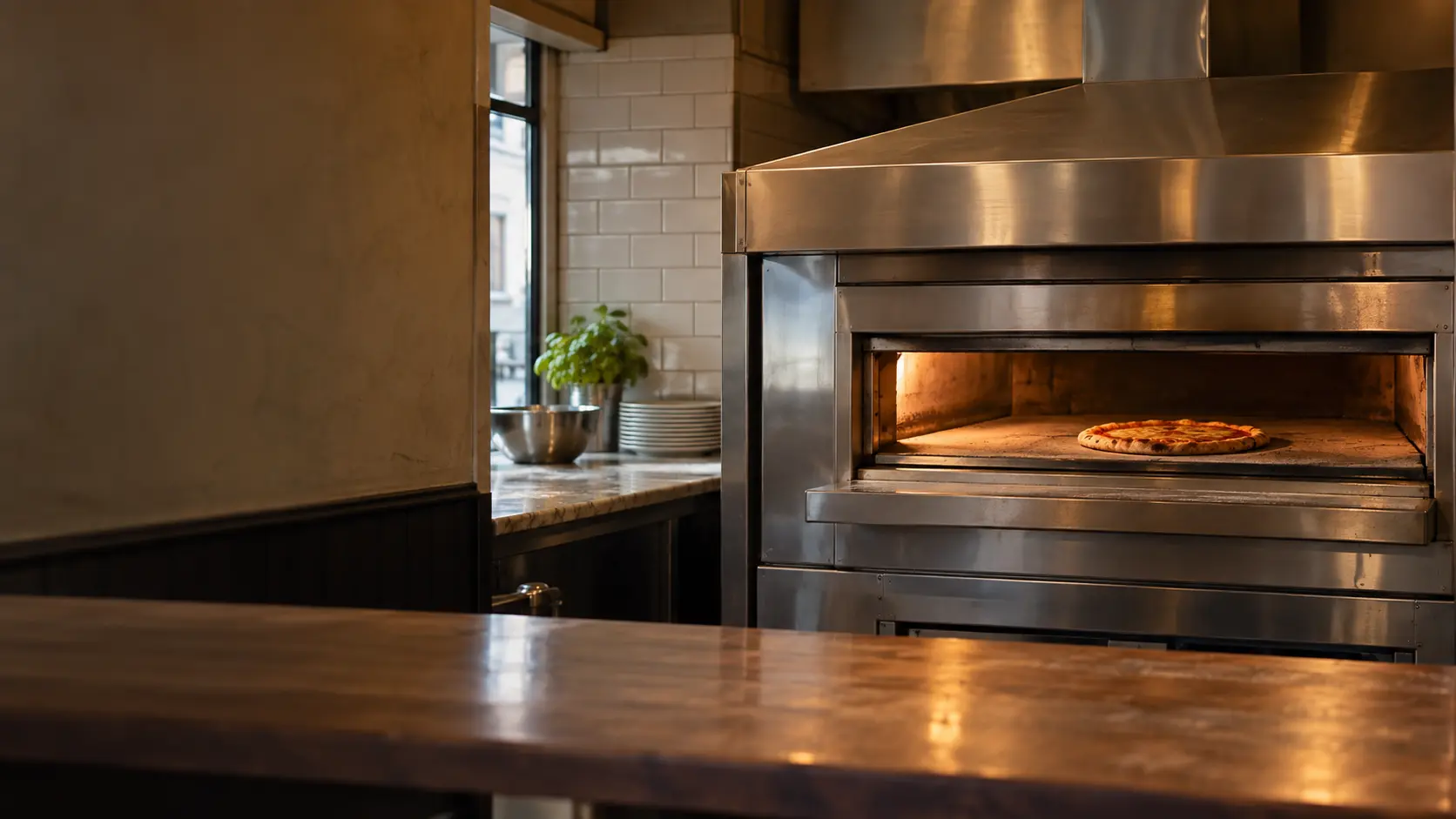 A New York slice shop with a stainless deck oven behind the counter, seen from across the room.