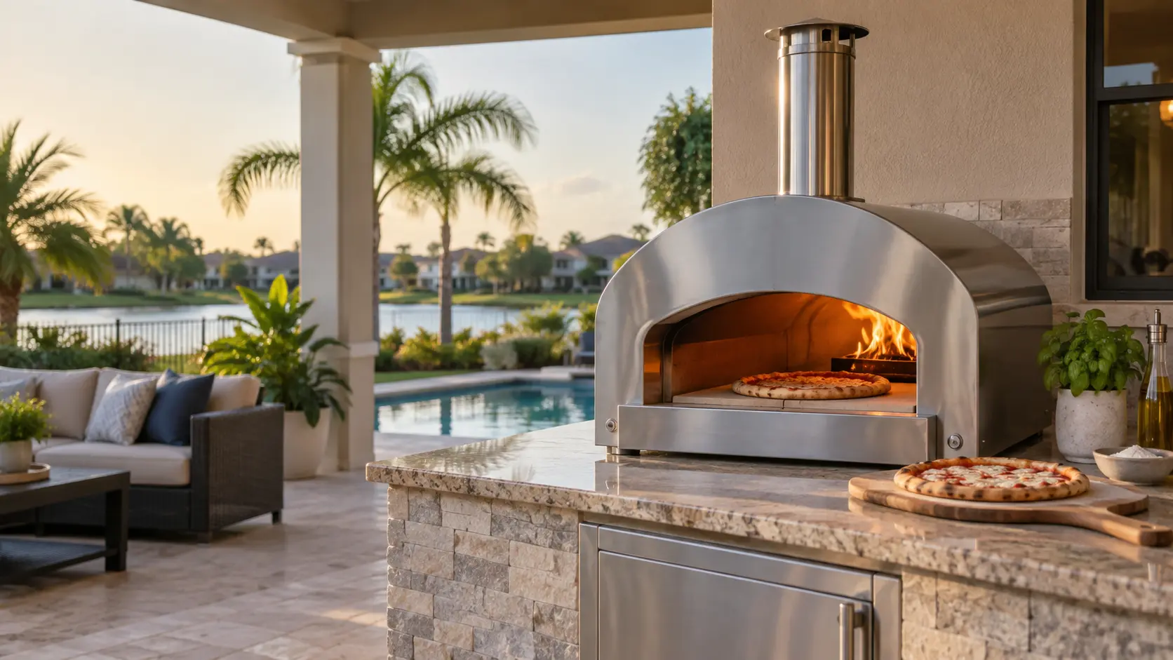 An Orlando family backyard with a stainless gas pizza oven on the counter, seen from across the room.