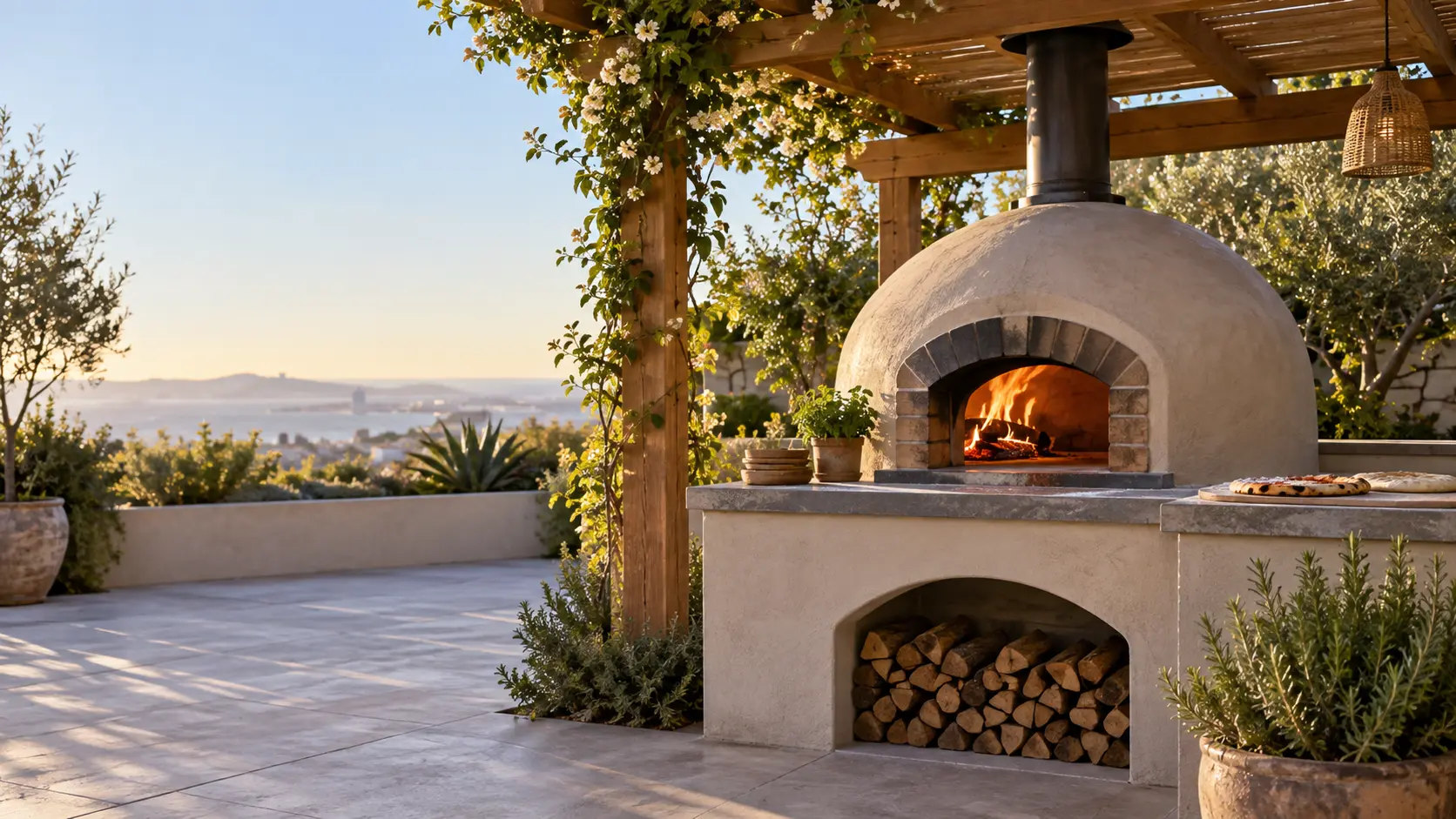 A San Diego courtyard with a domed wood-fired pizza oven under a pergola, seen from across the room.