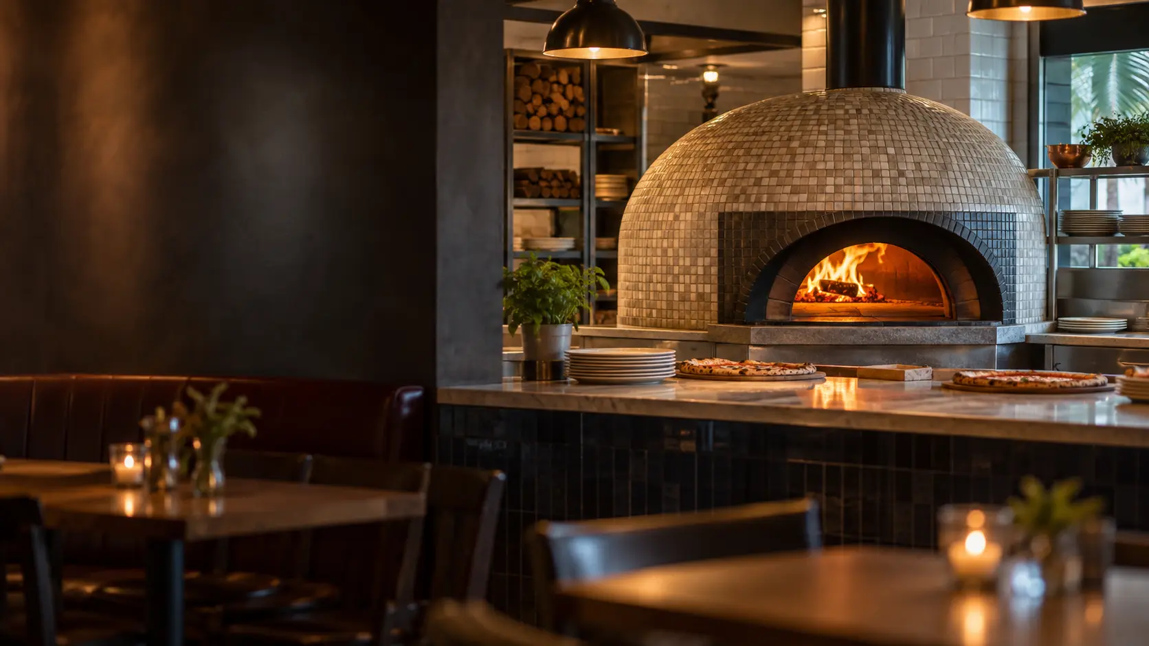 A Miami pizzeria with a tiled wood-fired oven behind the counter, seen from across the room.