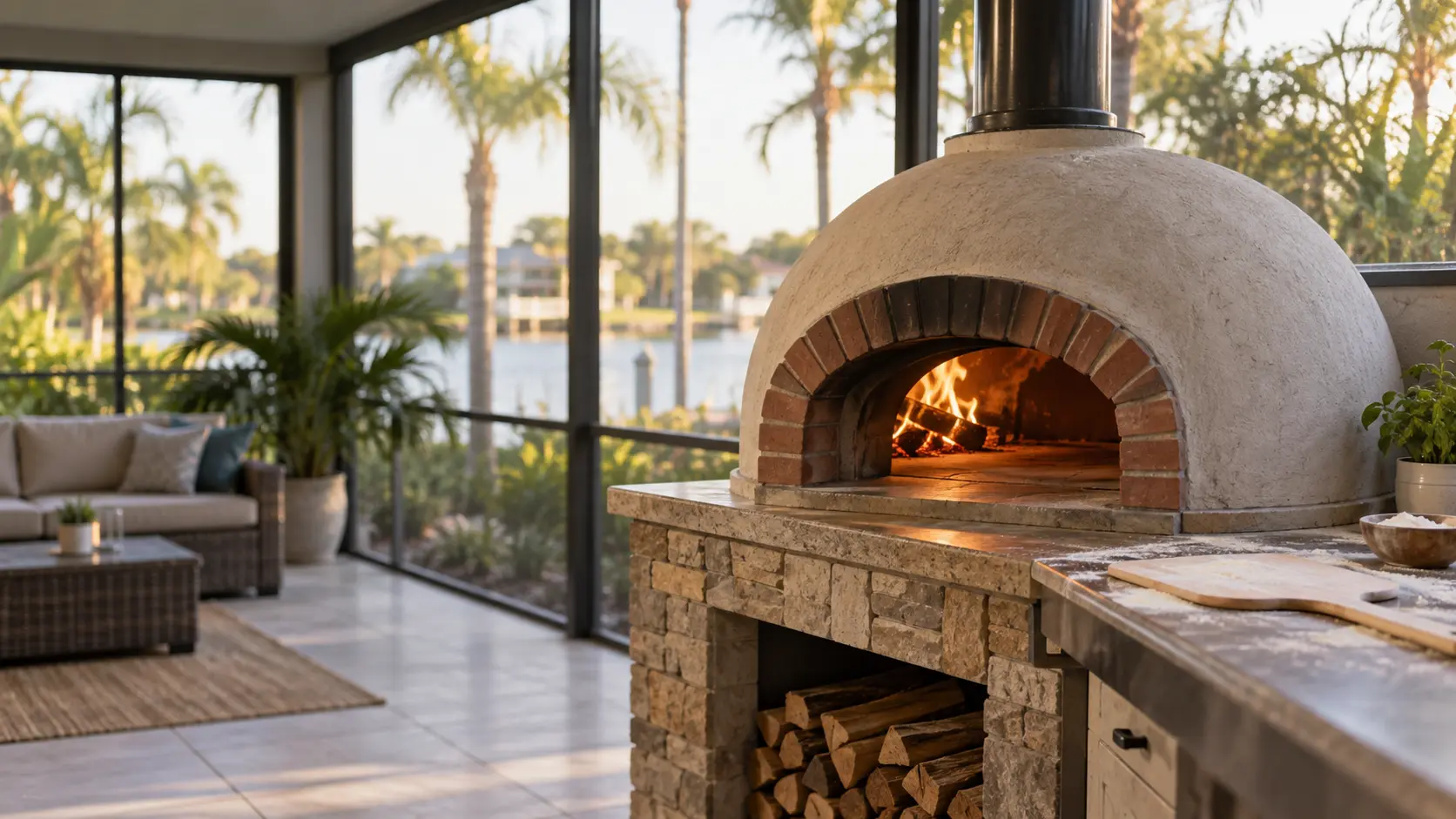 A Tampa Bay home's screened patio with a domed wood-fired pizza oven, seen from across the room.